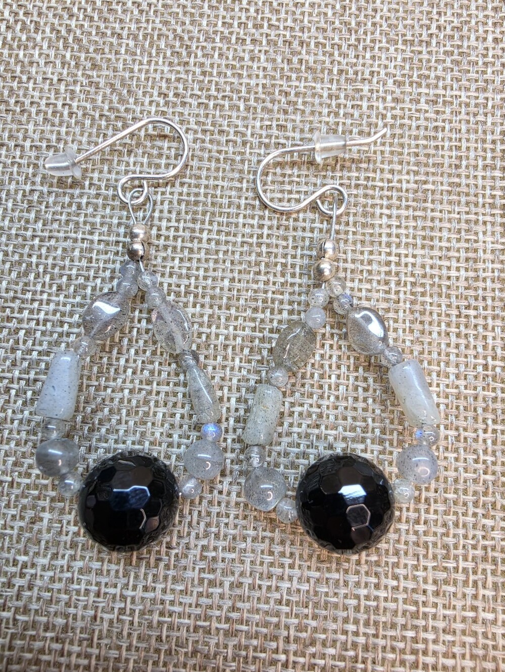 Artisan Gray Glass & Black Onyx Dangle Earrings Boho Teardrop